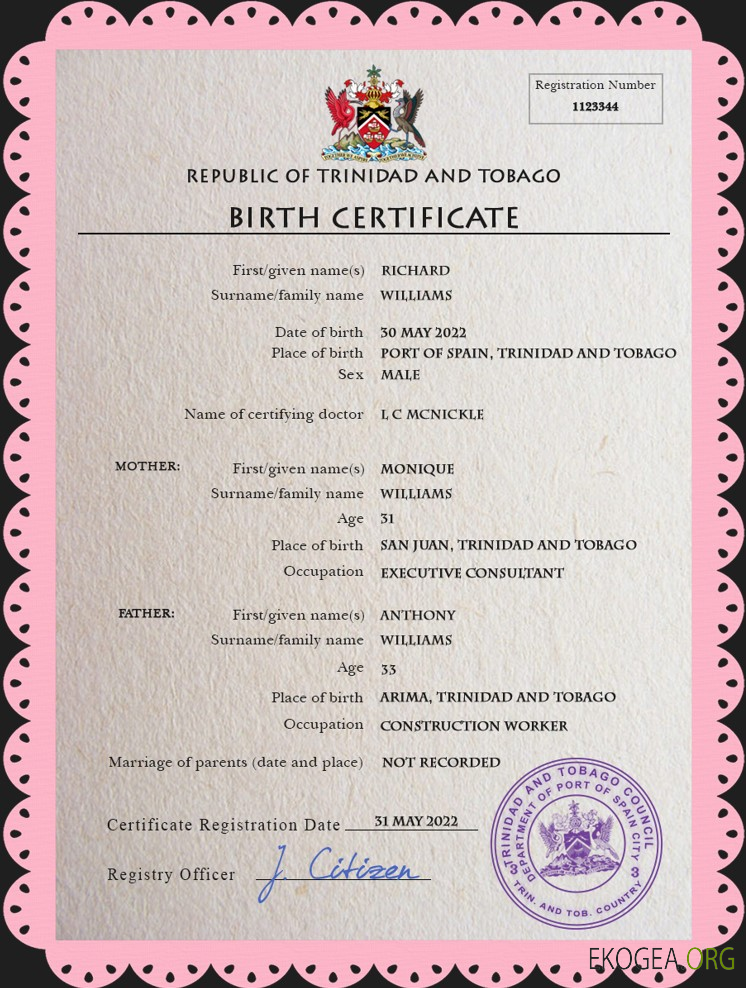 Modèle PSD de certificat de naissance de l'état civil de Trinité et Tobago